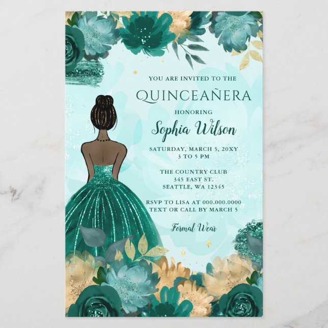 Teal Turquesa Dourada Princesa Quinceañera (Frente)