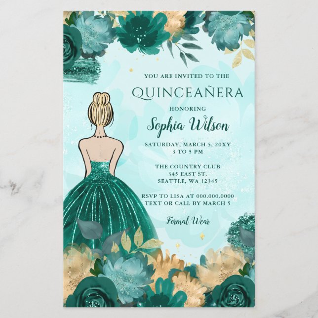 Teal Turquesa Dourada Princesa Quinceañera (Frente)