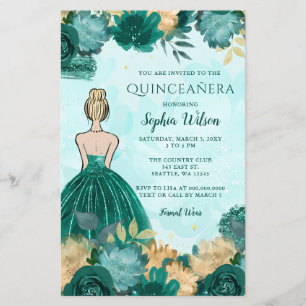 Teal Turquesa Dourada Princesa Quinceañera