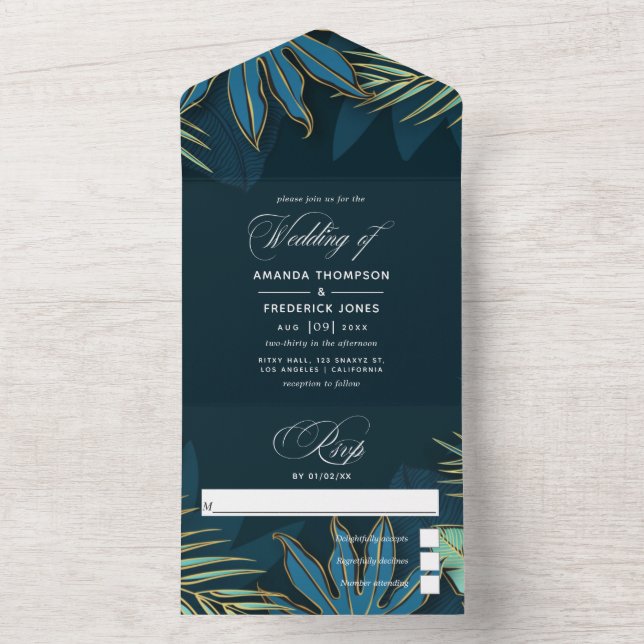 Teal - Turquesa e Folhas Tropicais Douradas em O (Interno)