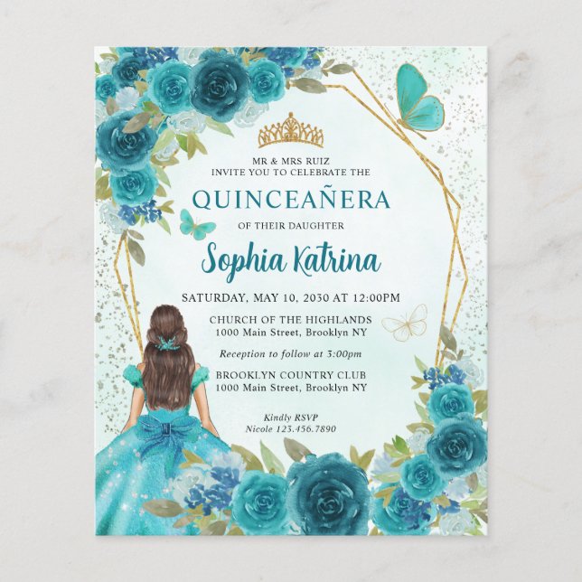 Teal Verde Dourada Princesa Floral Quinceañera (Frente)