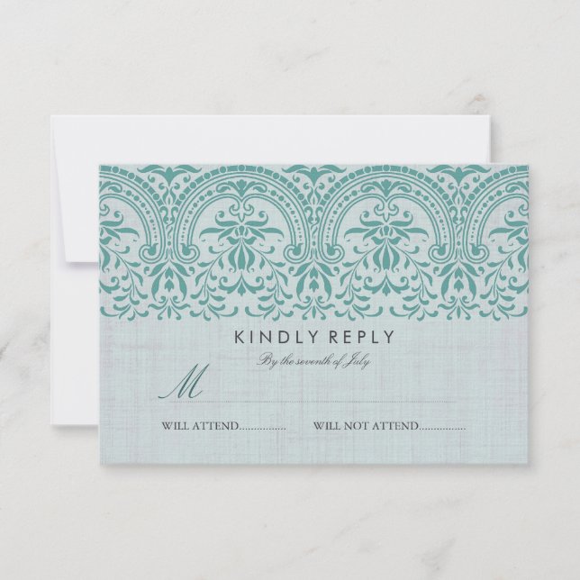 Teal Vintage Damask Convite de Casamento RSVP (Frente)