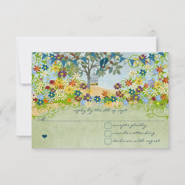 Teal Vintage Love Bird Flower Swirl Casamento RSVP (Verso)