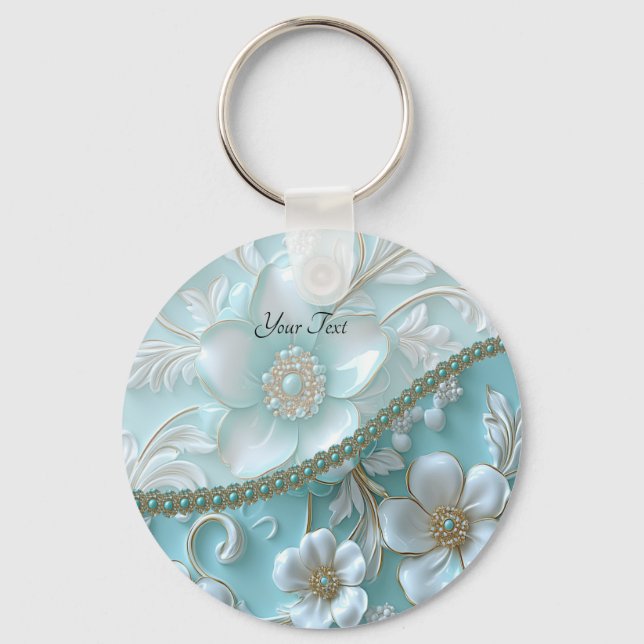 Teal White Floral Chaveiro (Frente)