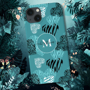 Teal White Zebra Print Hearts Monogramas capas de
