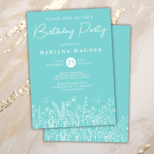 Teal Wildflower Convite de aniversário