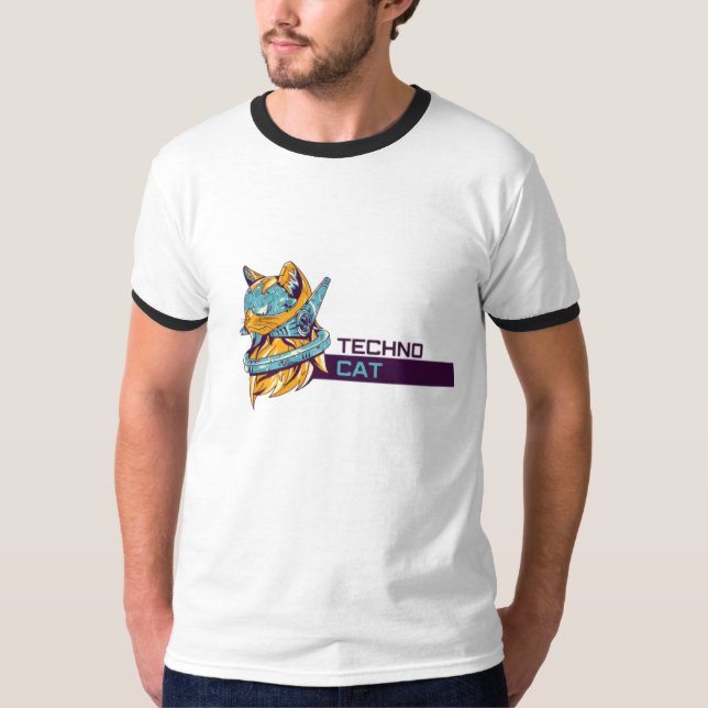 "Techno Cat - T-Shirt Funky Futurística" (Frente)