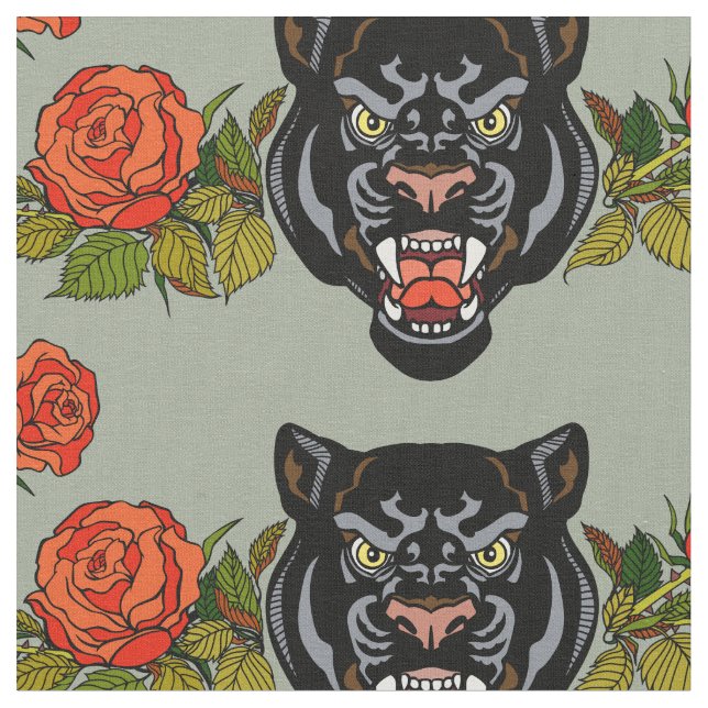 Tecido A cabeça de uma pantera negra e rosas florescentes (Detalhe)