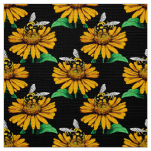 Tecido Abelha sobre Flor de Girassol Design Preto