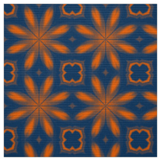Tecido Abstrato floral caleidoscópio azul escuro laranja