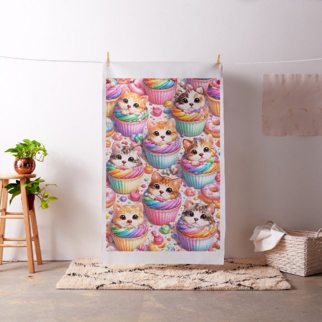 Tecido Adoráveis gatinhos e cupcakes, doce arco-íris de t (In Situ)
