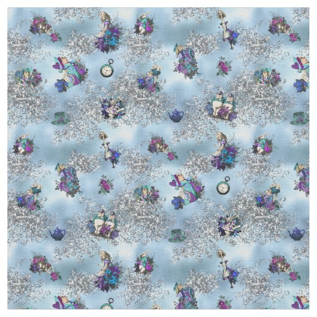Tecido Alice em caráteres do país das maravilhas no azul (Detalhe)