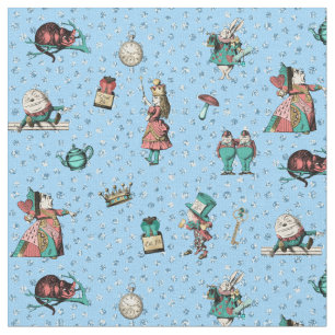 Tecido Alice no País das Maravilhas em coral/turquesa e 