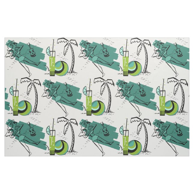 Tecido ALOHA: GRÁFICO RETRO BEACH em AQUA e VERDE (Fat Quarter)