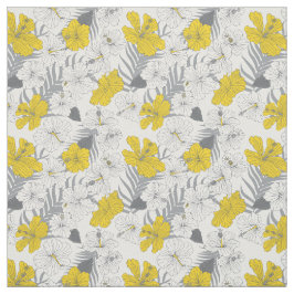 Tecido Amarelo Floral Tropical de Hibiscus e Cinzas Patte