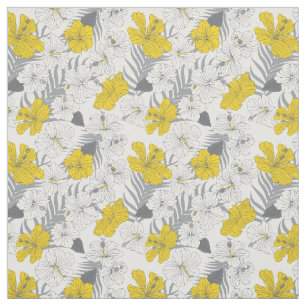 Tecido Amarelo Floral Tropical de Hibiscus e Cinzas Patte