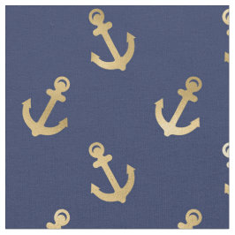 Tecido Âncoras Douradas metálicas em azul Marinho