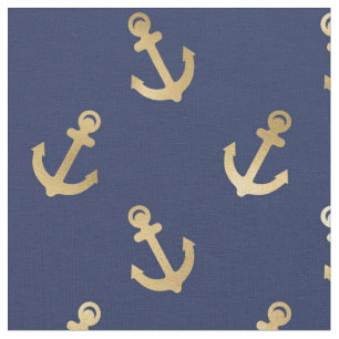 Tecido Âncoras Douradas metálicas em azul Marinho
