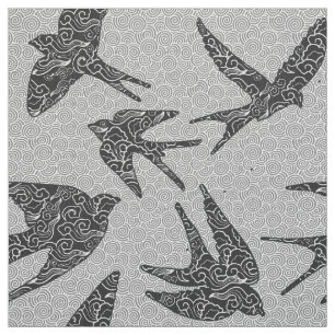 Tecido Andorinhas do japonês em vôo, carvão vegetal & 