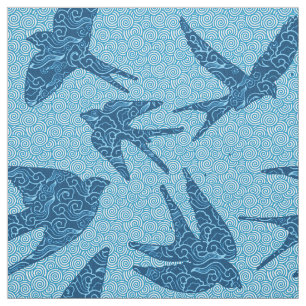 Tecido Andorinhas do japonês em vôo, cobalto e azul