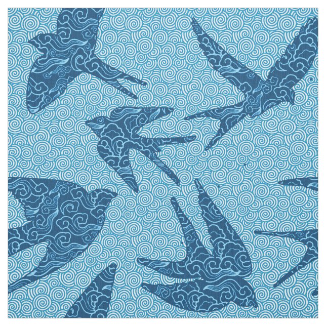 Tecido Andorinhas do japonês em vôo, cobalto e azul (Modelo)