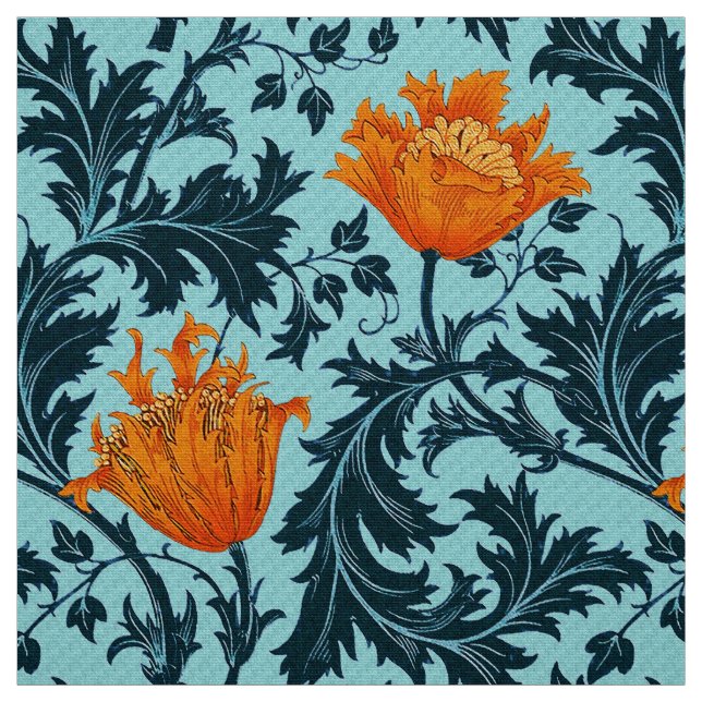 Tecido Anêmona de William Morris, azul de índigo e coral (Modelo)