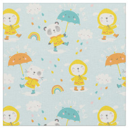 Tecido Animais bonitos com guarda-chuva na chuva