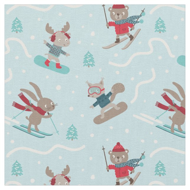 Tecido Animais de esqui e snowboard em azul claro (Detalhe)