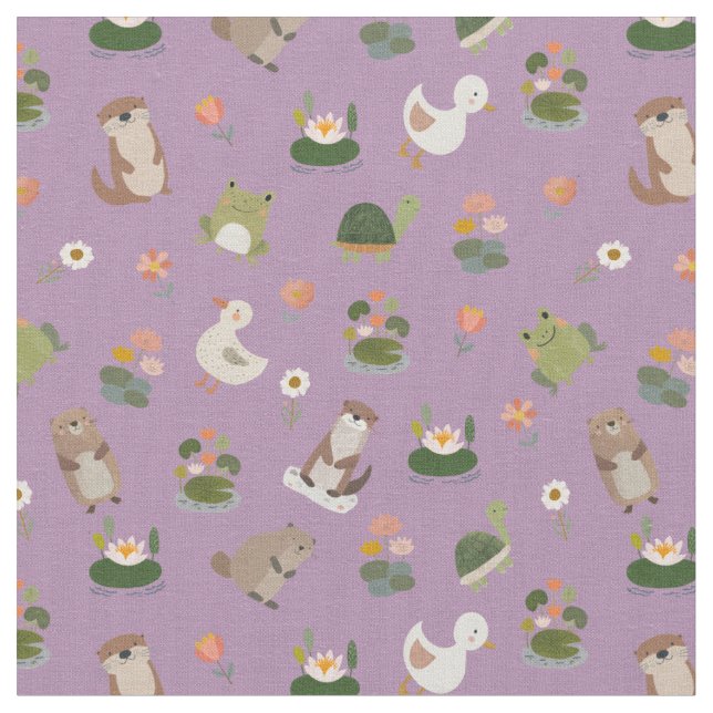 Tecido Animais do Lago & Folhas de Lótus em Roxo Claro (Detalhe)