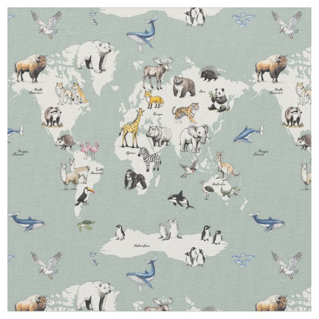Tecido animals of the world nursery map - mint  (Detalhe)