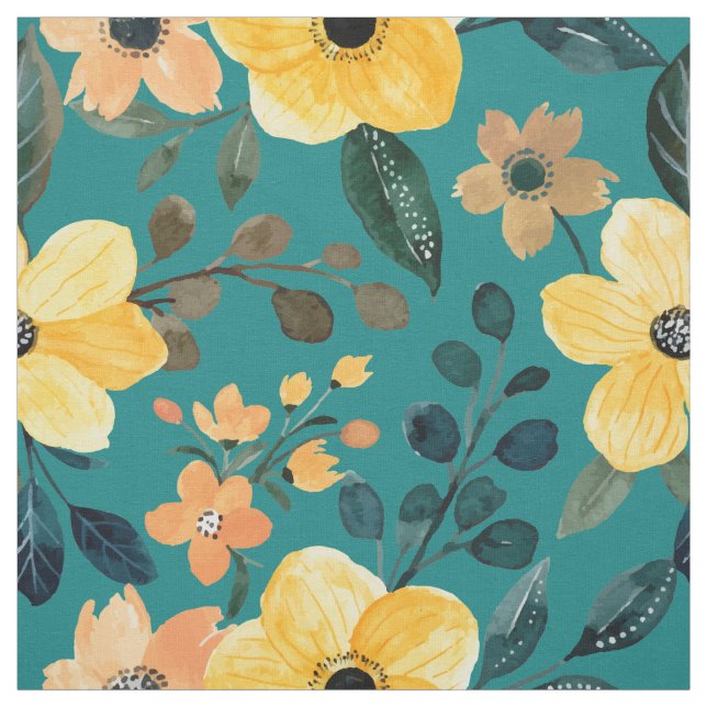 Tecido Aquarela Amarela. Botânica de Flores Turquesa (Modelo)