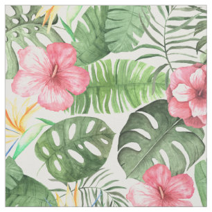 Tecido Aquarela Flores Tropicais e Folhagem Hibiscus