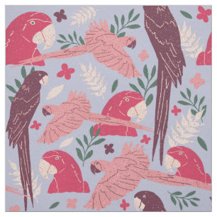 Tecido Ara Parrot Pink Burgundy Padrão de Folha Tropical