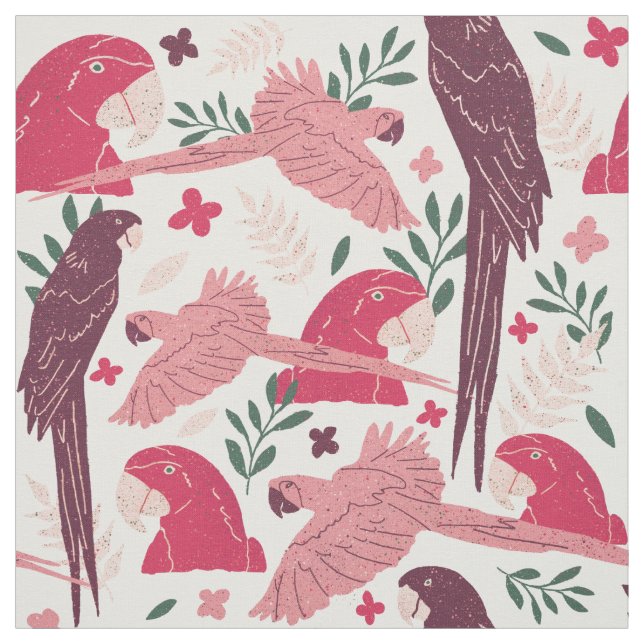 Tecido Ara Parrot Red Pink Padrão Tropical em Branco (Modelo)