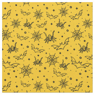 Tecido Aranha Preta, Web e Bat em Dourado Amarelo