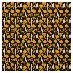 TECIDO ART DECO AMARELO FLORES, PARRÓGÃOS BRANCOS A PRETO