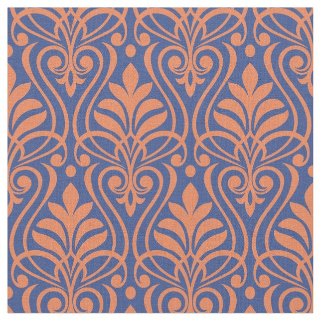 Tecido Art Deco Pattern 01 - Laranja no Azul Prussiano (Detalhe)