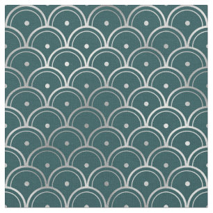 Tecido Art Deco Verde Azul Prateado Escamas Pontos