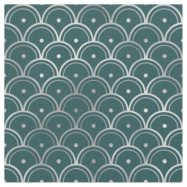 Tecido Art Deco Verde Azul Prateado Escamas Pontos (Detalhe)