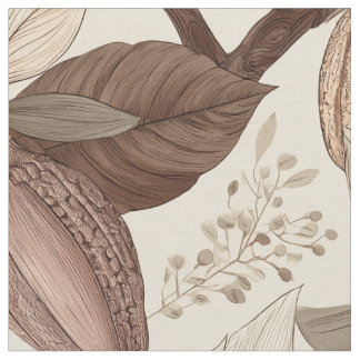 Tecido Arte Botânico de Vagens e Folhas de Cacau Vintage