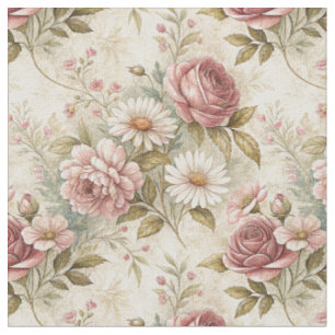 Tecido Arte Cottagecore de Flores Rosa Antigo e Margarida