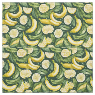 Tecido Arte em Aquarela de Bananas Frescas e Fatias de Li