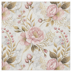 Tecido Arte Floral Botânico de Peônia Rosa e Salva