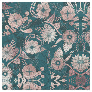 Tecido Artsy Modern Rosa Dourada Flores Verde Emerald