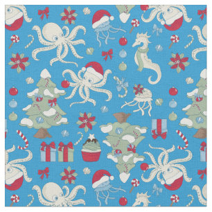 Tecido árvore de natal oceano cavalo-marinho papai noel p