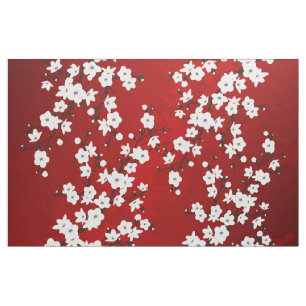 Tecido Asia Floral White Chersom Red