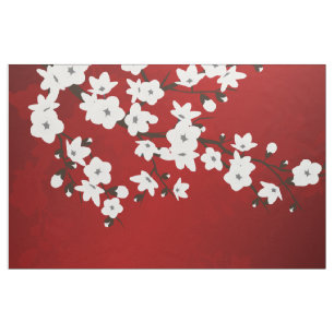 Tecido Asia Floral White Chersom Red