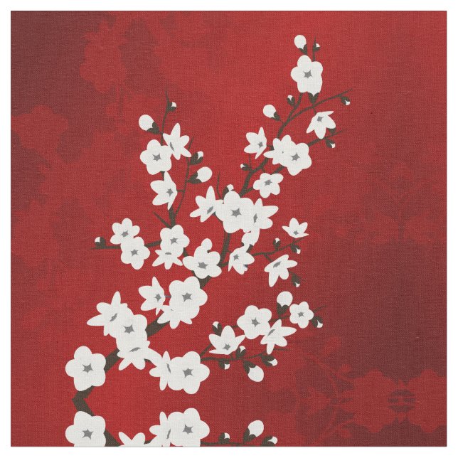 Tecido Asia Floral White Chersom Red (Detalhe)