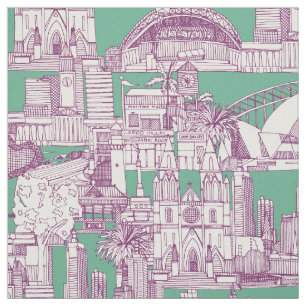 Tecido Austrália toile de jouy roxo hortelã-pimenta
