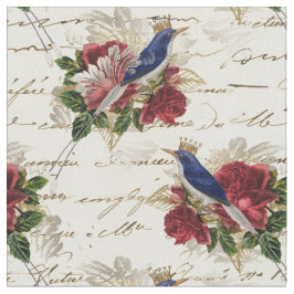 Tecido Aves Azuis Vintage com Crowns e Rosas